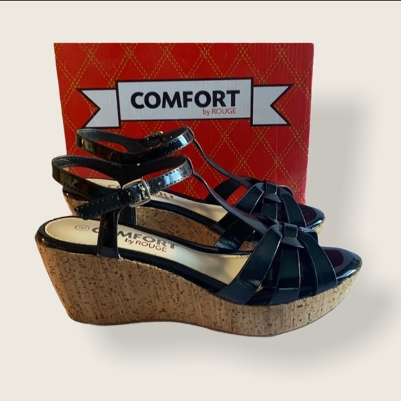 🆕 Black Patent Cork Wedged Strappy Patform Heels !!! - Picture 2 of 16